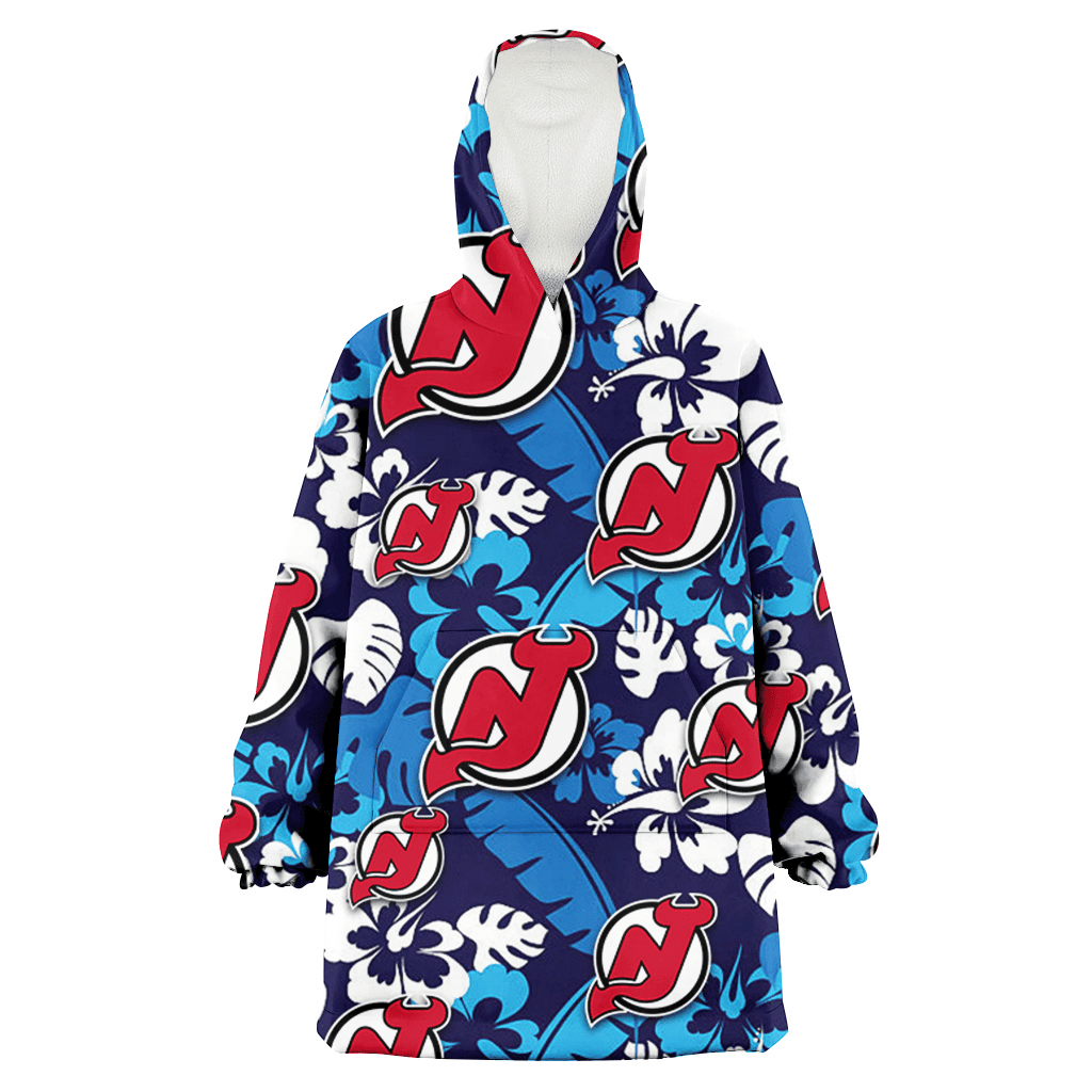 New Jersey Devils Light Blue Hibiscus Banana Leaf Navy Background 3D Printed Hoodie Blanket Snug Hoodie