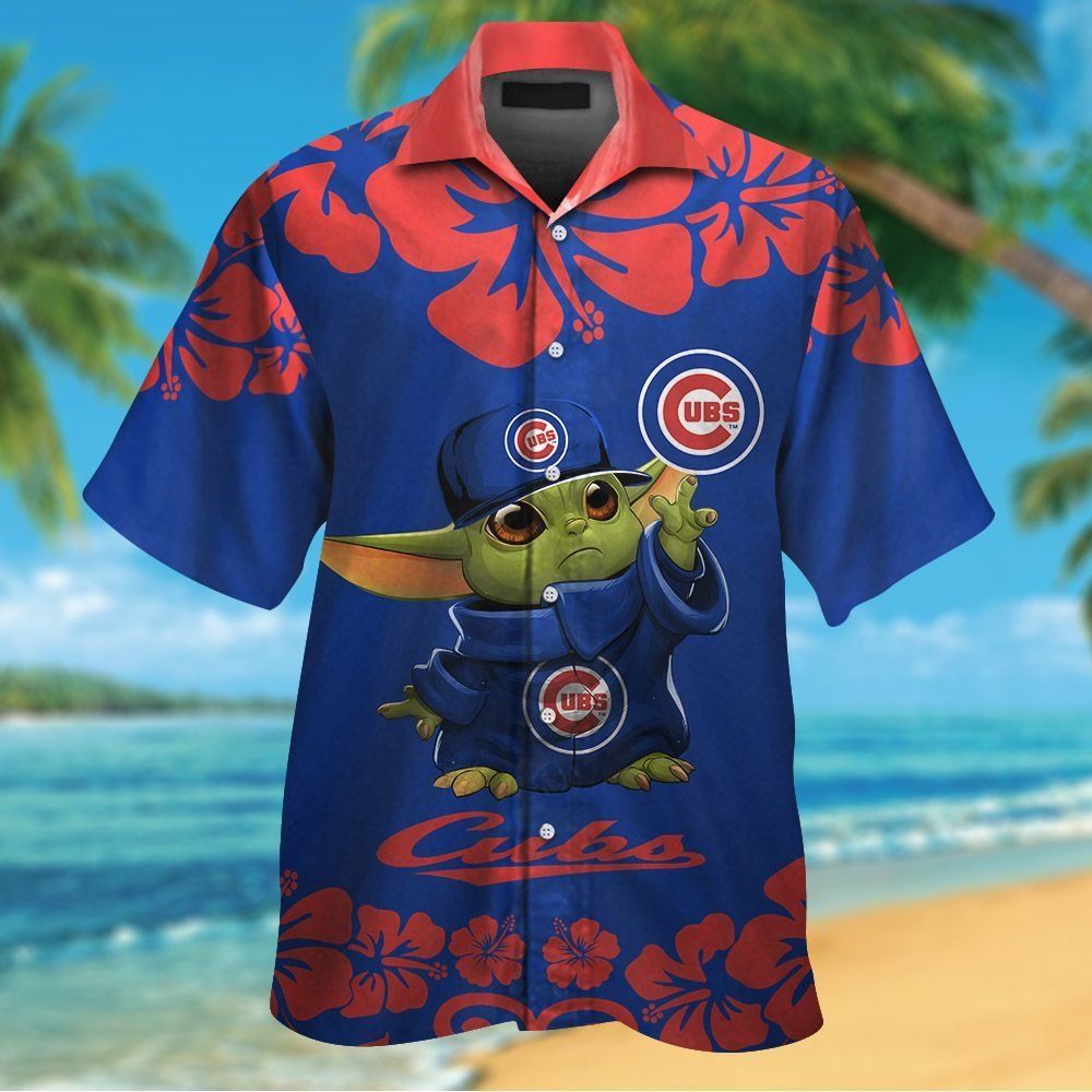 Chicago Cubs Baby Yoda Short Sleeve Button Up Tropical Hawaiian Shirt