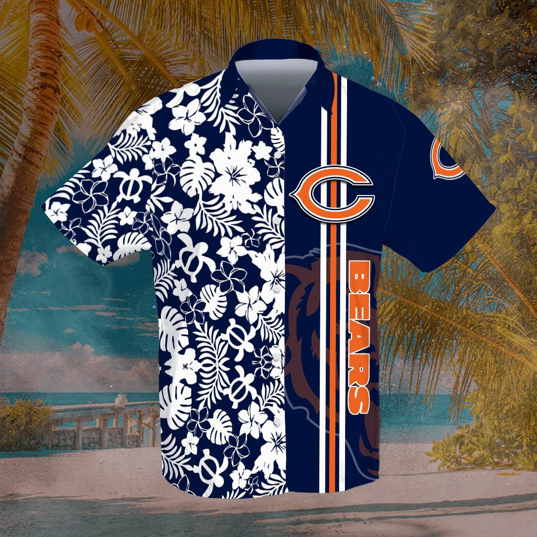 Chicago Bears All Over Print 3D Flowery Short Sleeve Dress Shirt Hawaiian Summer Aloha Beach Shirt - Navy