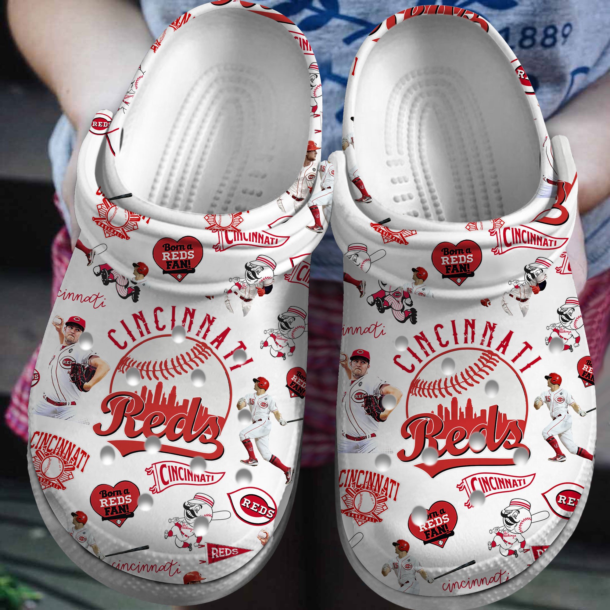 Cincinnati Reds Logo Baseball MLB Cheer Mascot Team Members White Sander White Crocss Classic Clogs Shoes Ver139