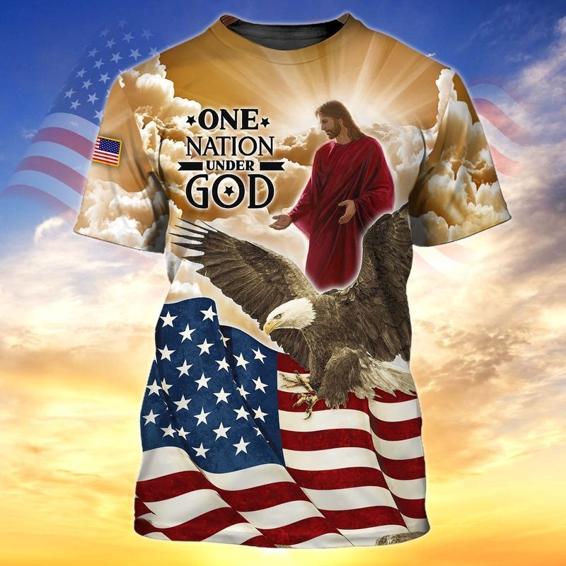 4Th Of July One Nation Under God 3D T Shirt, Independence Day Hawaiian Shirts, Jesu And Eagle 3D Shirts