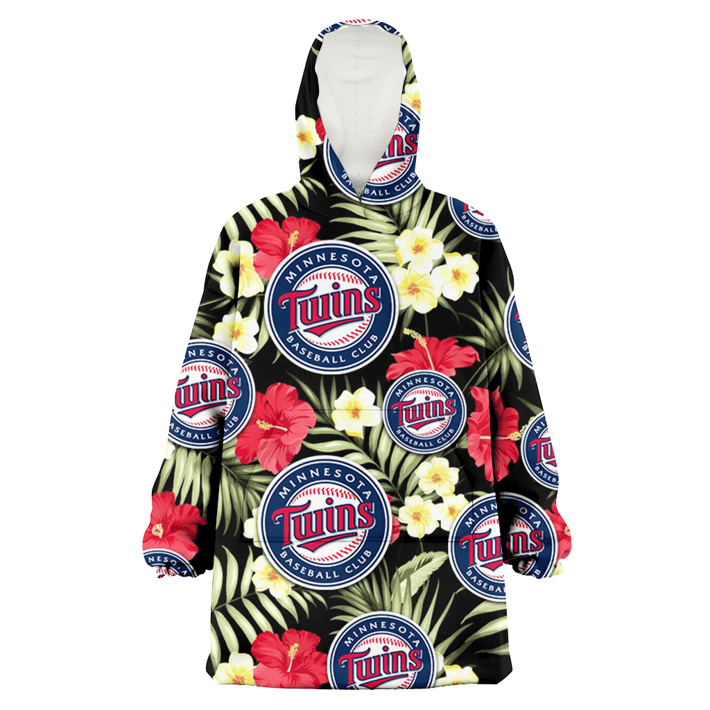 Minnesota Twins Red Hibiscus Yellow Porcelain Flower Black Background 3D Printed Hoodie Blanket Snug Hoodie