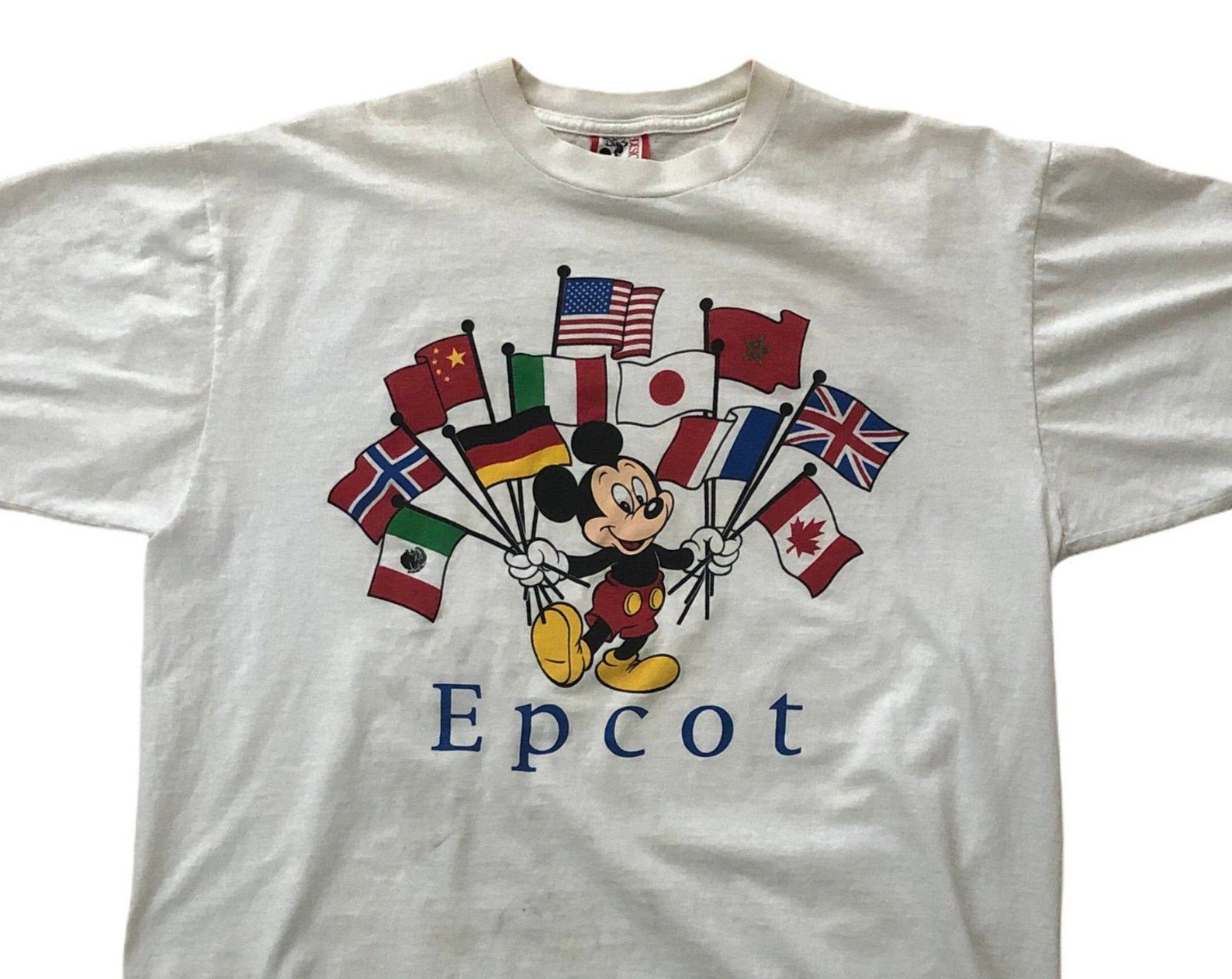 Mickey Mouse Vintage Walt Disney World Rare Epcot Flags Theme Park 80S 90S Made In Usa T-Shirt