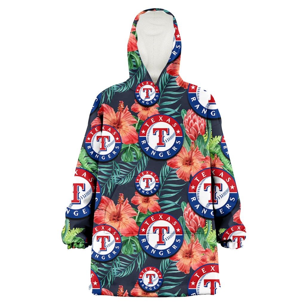 Texas Rangers Orange Hibiscus Green Tropical Leaf Dark Background 3D Printed Hoodie Blanket Snug Hoodie