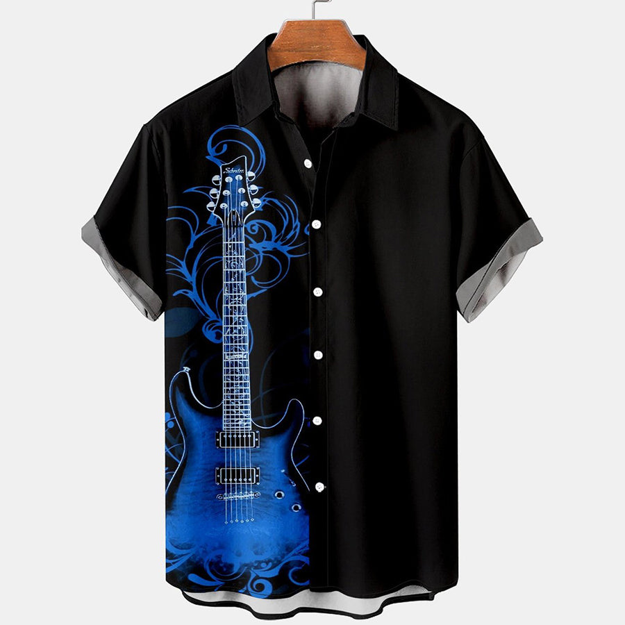 Men’S Guitar Pattern Casual Print Loose Short Sleeve Hawaiian Shirt