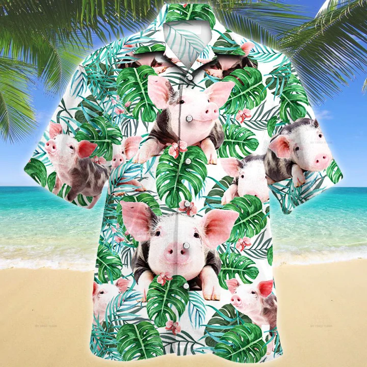 Pig Tropical Plant Hawaiian Shirt, Summer Men Hawaiian Shirts – Casual Button Down Short Sleeve Shirt