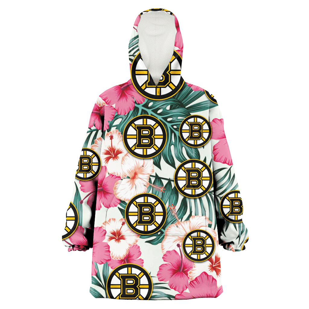 Boston Bruins Coral Pink Hibiscus Green Leaf Beige Background 3D Printed Hoodie Blanket Snug Hoodie