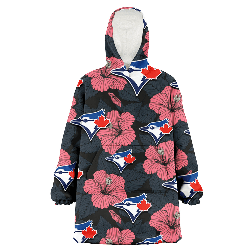 Toronto Blue Jays Light Coral Hibiscus Gray Leaf Black Background 3D Printed Hoodie Blanket Snug Hoodie