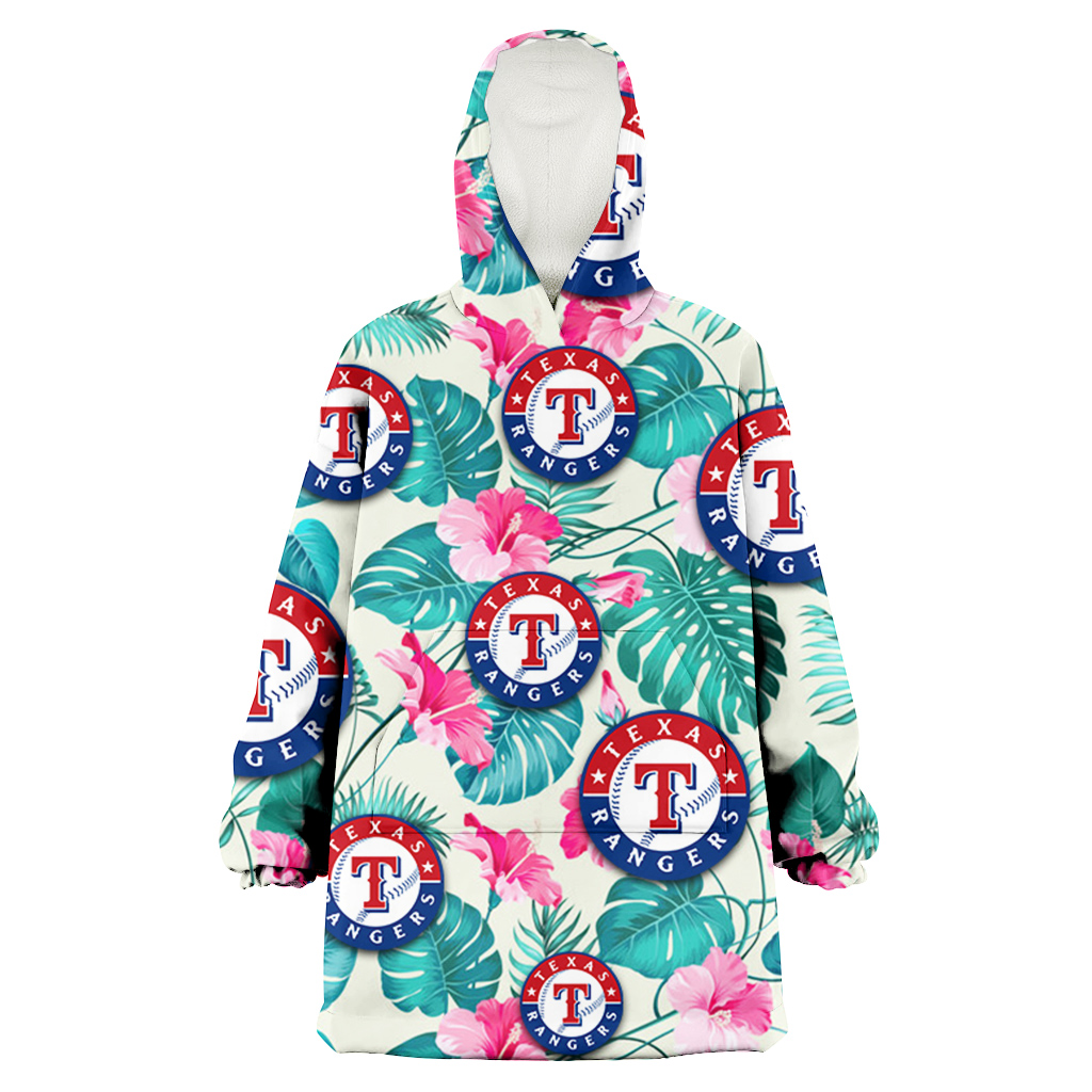 Texas Rangers Pink Hibiscus Green Leaf Beige Background 3D Printed Hoodie Blanket Snug Hoodie