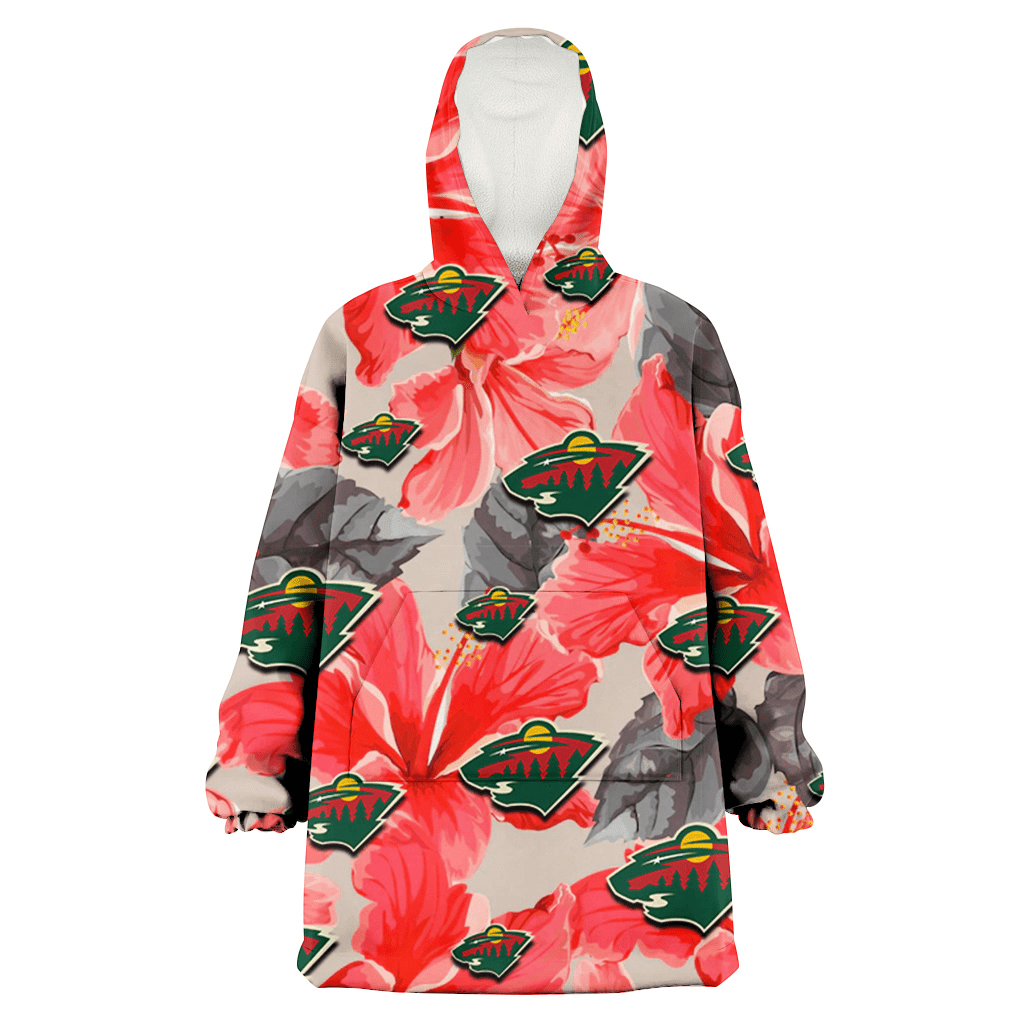 Minnesota Wild Red Hibiscus Gray Leaf Gainsboro Background 3D Printed Hoodie Blanket Snug Hoodie