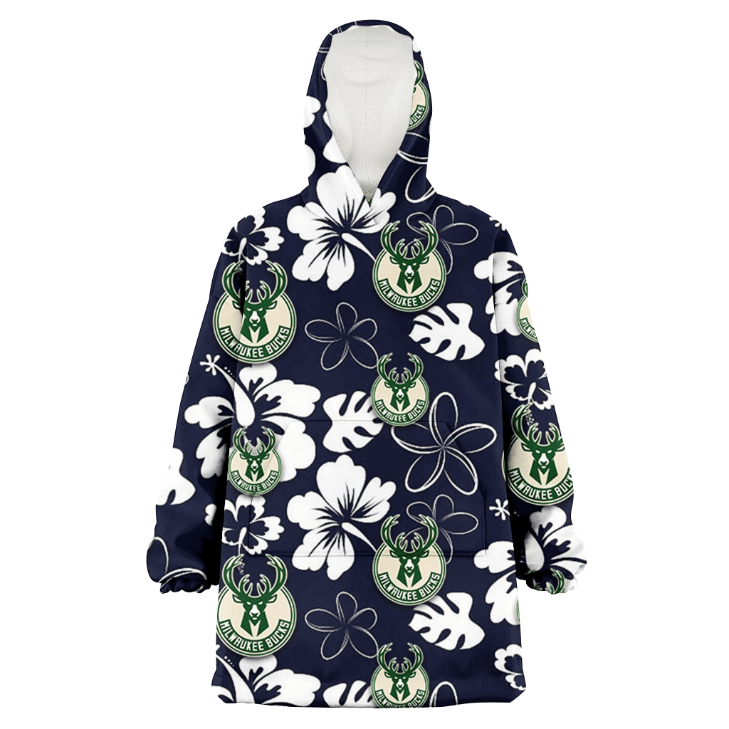 Milwaukee Bucks White Hibiscus Sketch Porcelain Flower Navy Background 3D Printed Hoodie Blanket Snug Hoodie