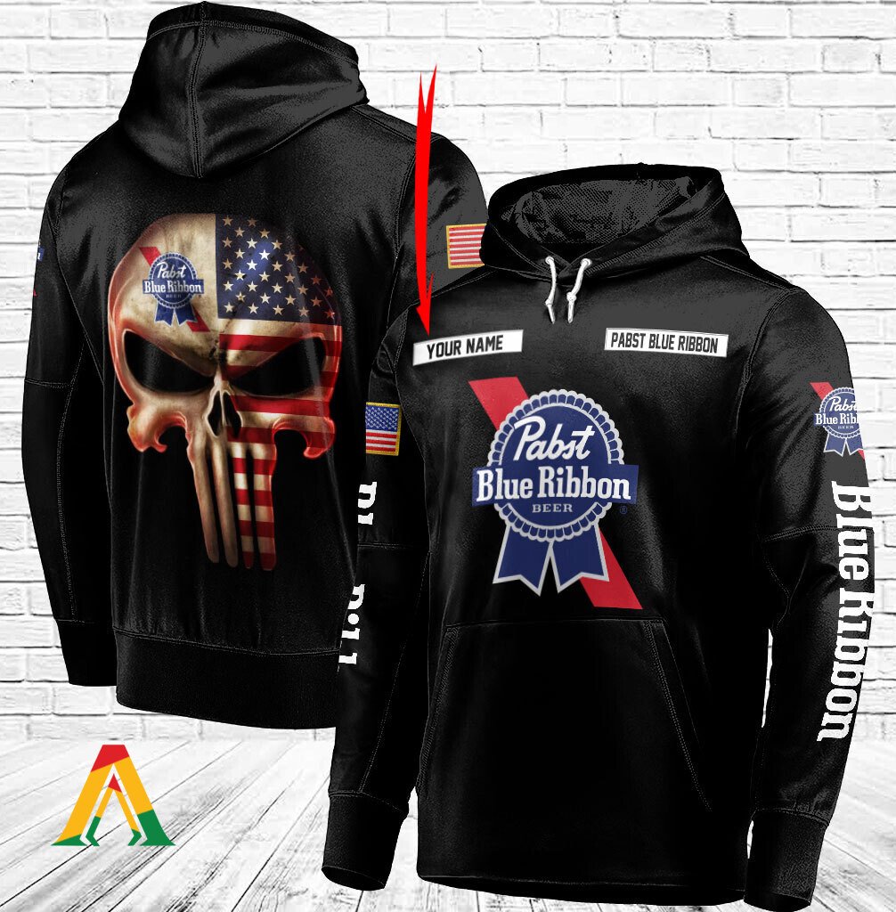 Personalized Black Usa Flag Skull Pabst Blue Ribbon Hoodie