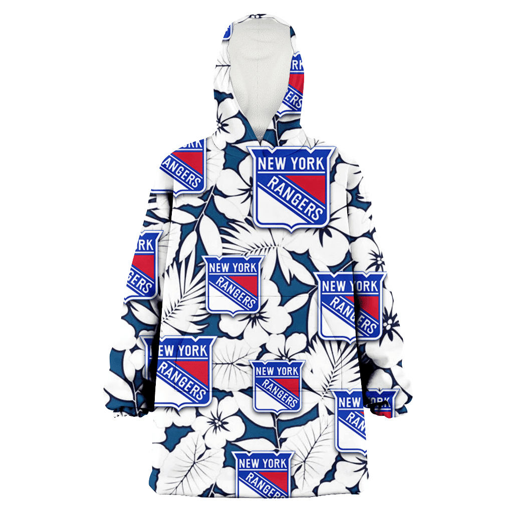 New York Rangers White Hibiscus And Leaves Blue Background 3D Printed Hoodie Blanket Snug Hoodie