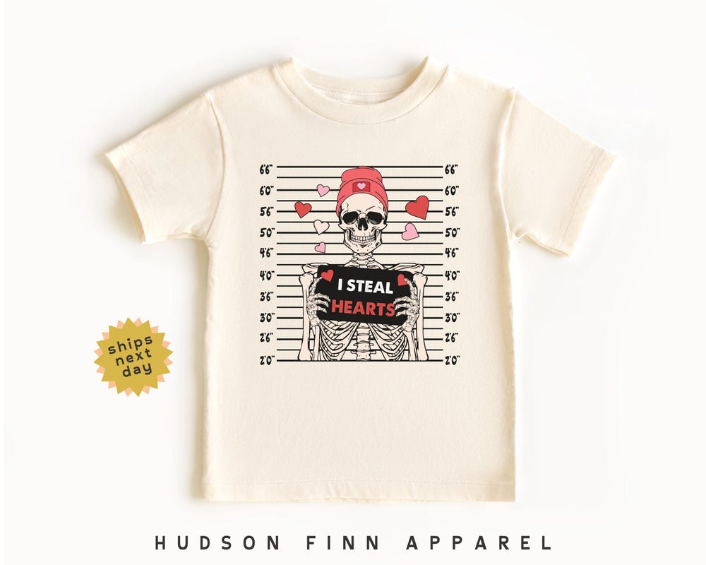 Boys Valentine'S Day Shirt, I Steal Hearts Toddler Tee, Skeleton Mug Shot T-Shirt, Cute Boys Valentines Day Outfit, Funny Skeleton Beanie Prowallart Shop