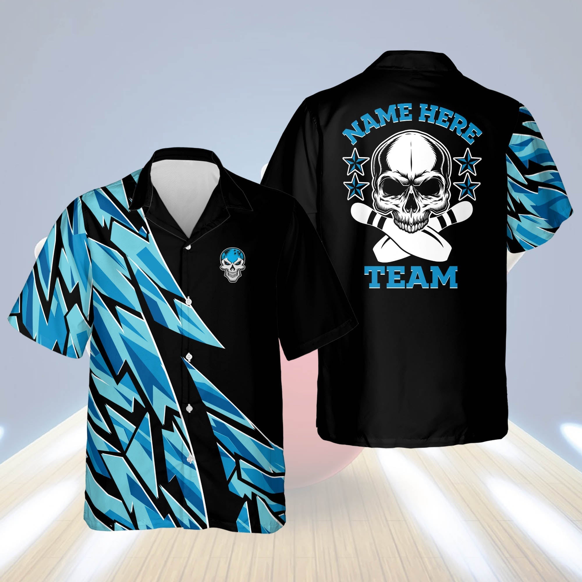 Custom Blue Skull Button-Down Casual Hawaiian Shirt, Bowling Hawaiian Shirt For Men, Bowling Team Shirt