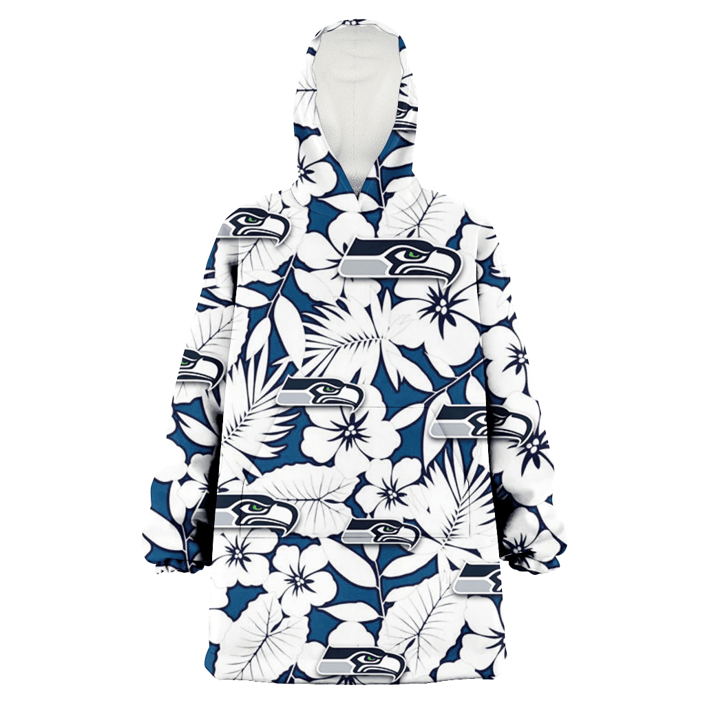 Seattle Seahawks White Hibiscus And Leaves Blue Background 3D Printed Hoodie Blanket Snug Hoodie