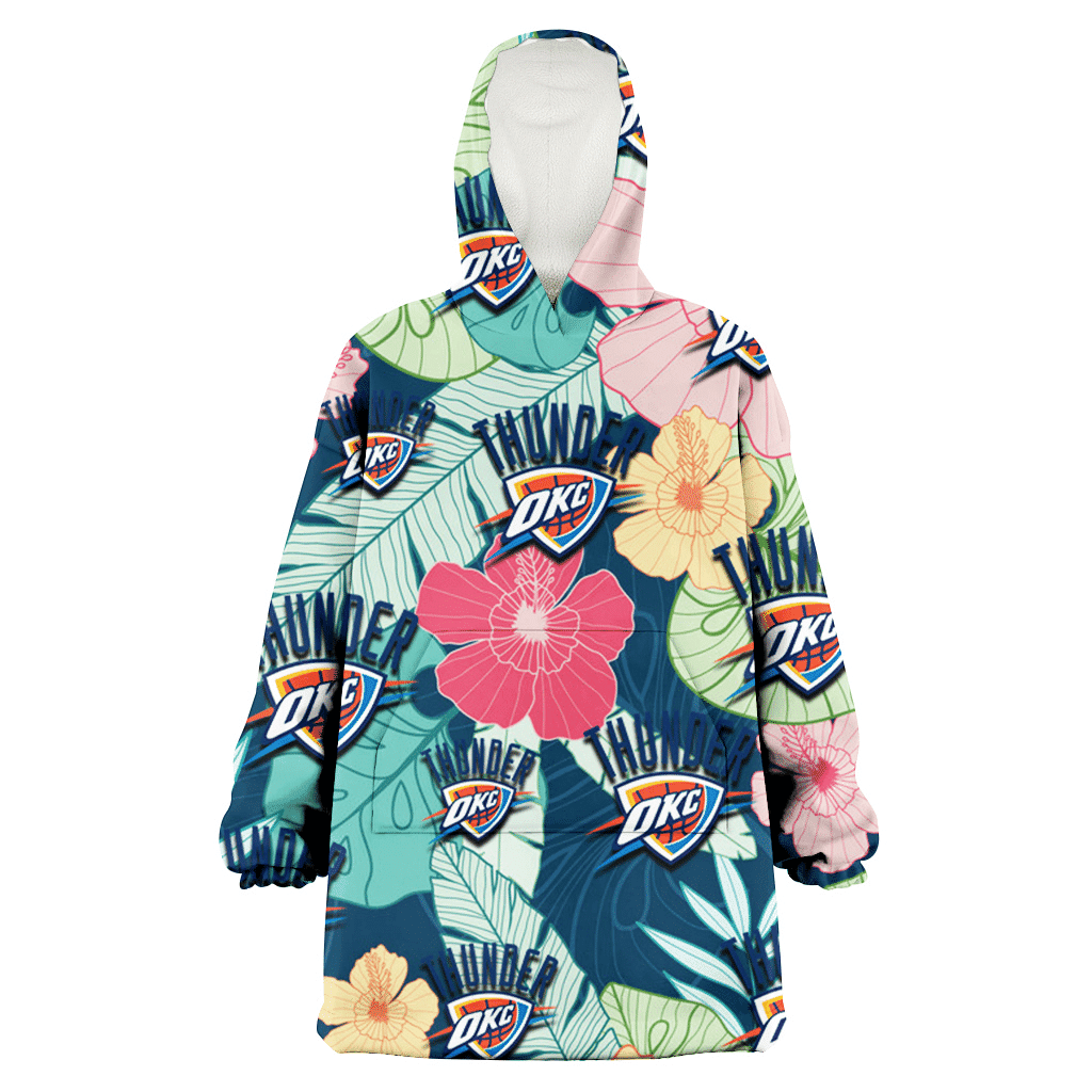 Oklahoma City Thunder Colorful Sketch Hibiscus Dark Green Background 3D Printed Hoodie Blanket Snug Hoodie