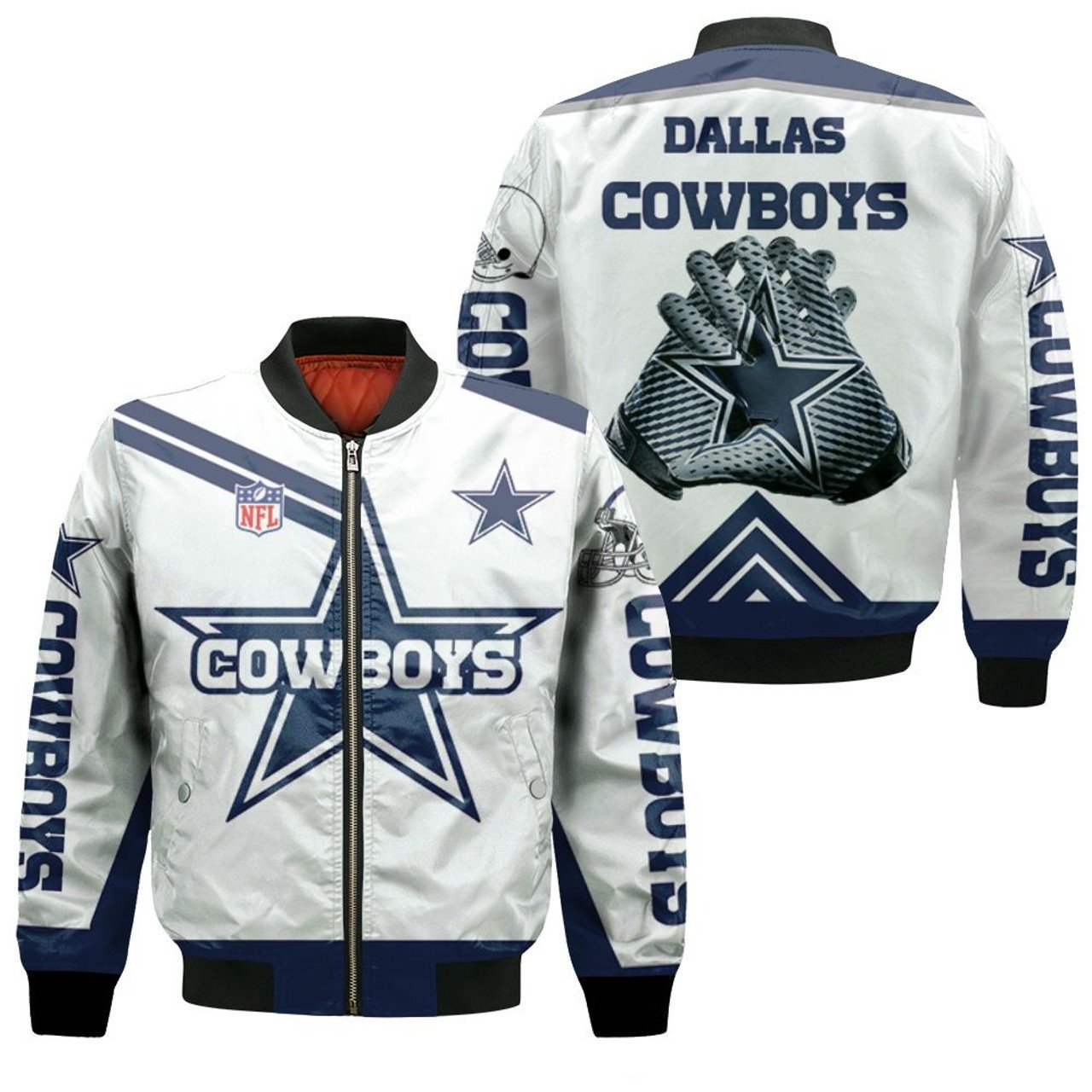 Dallas Cowboys Logo Pattern Bomber Jacket White And Navy BJ690