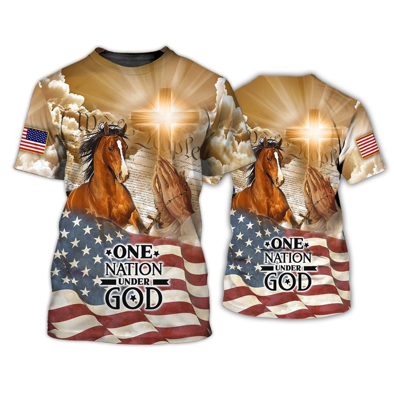 American Horse All Over Print 3D T Shirt, One Nation Under God Patriotic 4Th Of July 3D Hawaiian Shirt