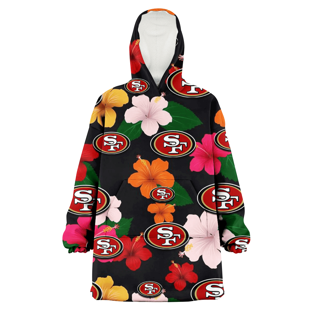 San Francisco 49ers Pink Orange Yellow White Hibiscus Black Background 3D Printed Hoodie Blanket Snug Hoodie
