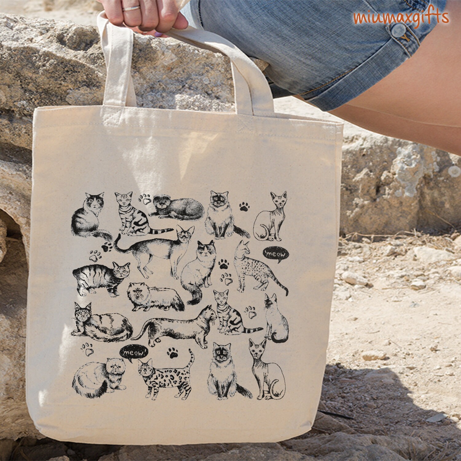 Cat Tote Bag, Cat Bag, Cat Tote, Hand Drawn Cat Design By Miumaxgift, Natural Cotton Tote Bag, Eco-Friendly Tote Bag, Basic Tote Bag,Pet Bag