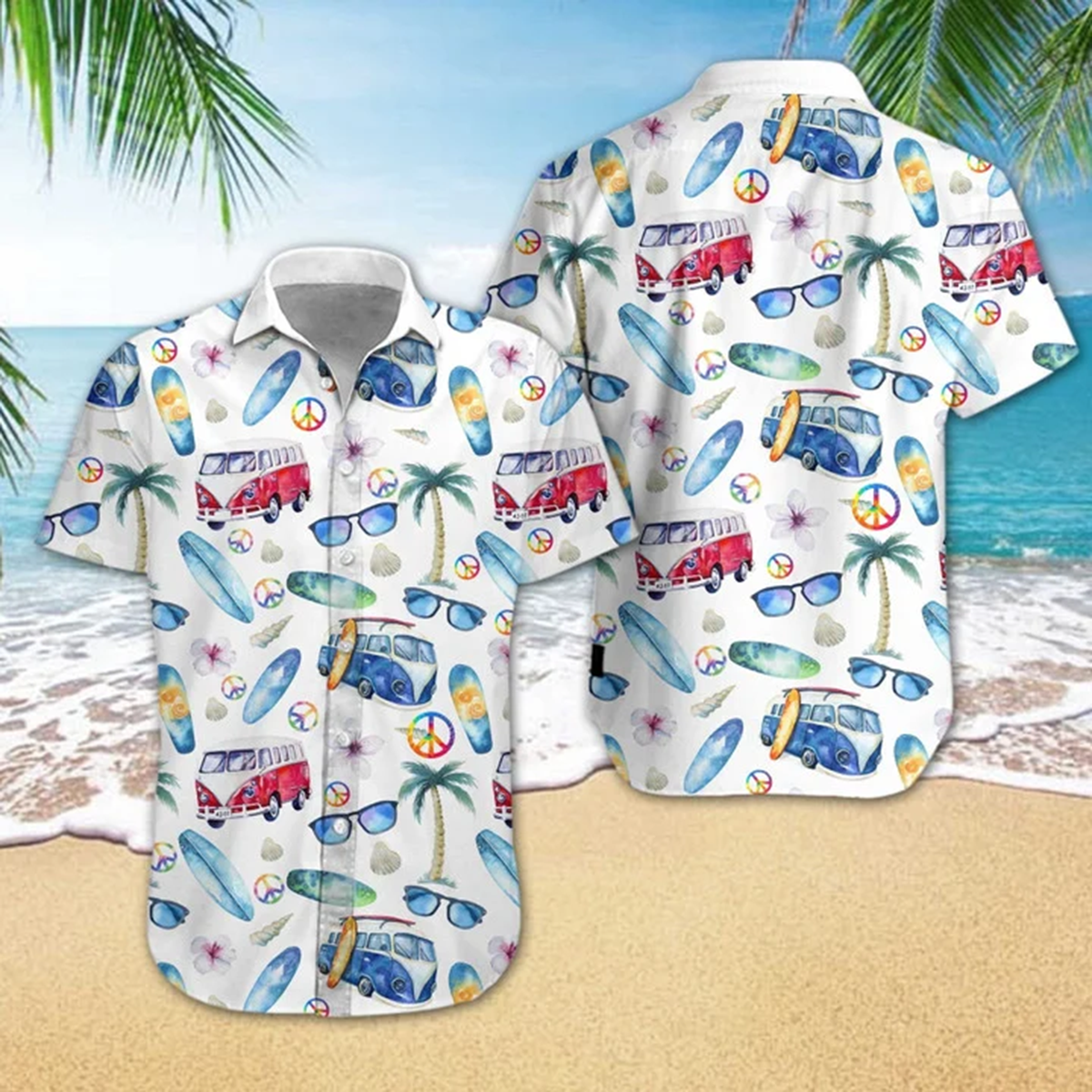 Adorable Hippie Car Beach Design Hawaiian Shirt, Hawaiian Shirt Short Sleeves