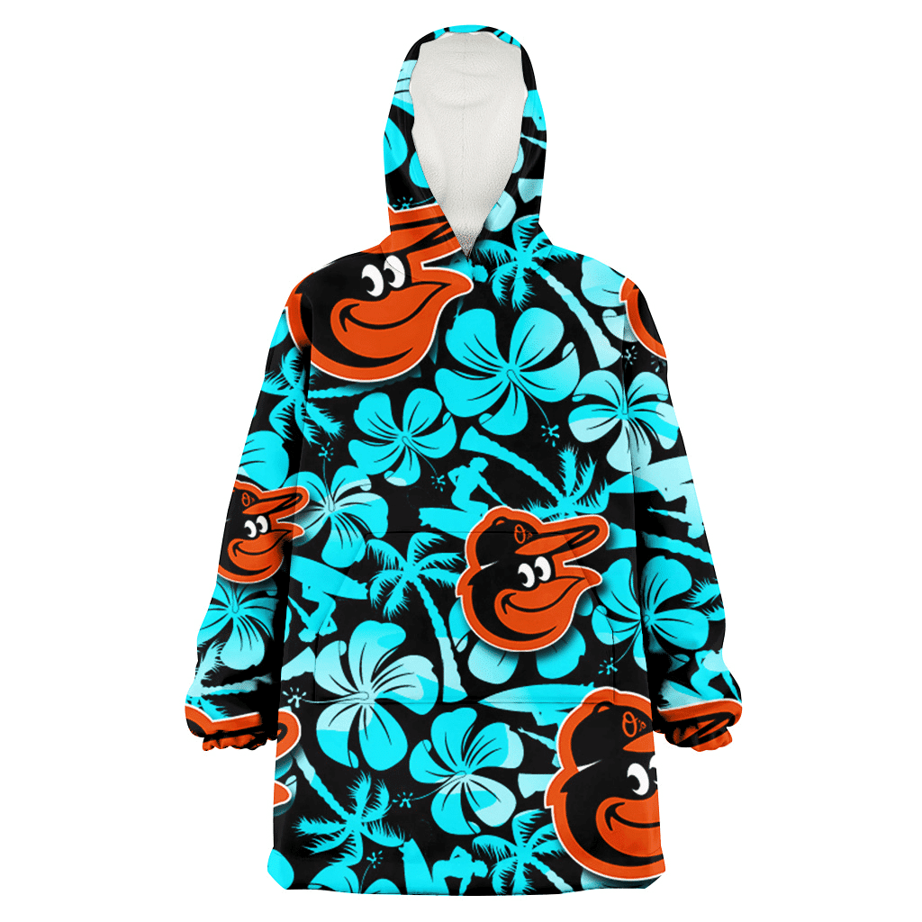 Baltimore Orioles Blue Hibiscus Blue Coconut Tree Black Background 3D Printed Hoodie Blanket Snug Hoodie