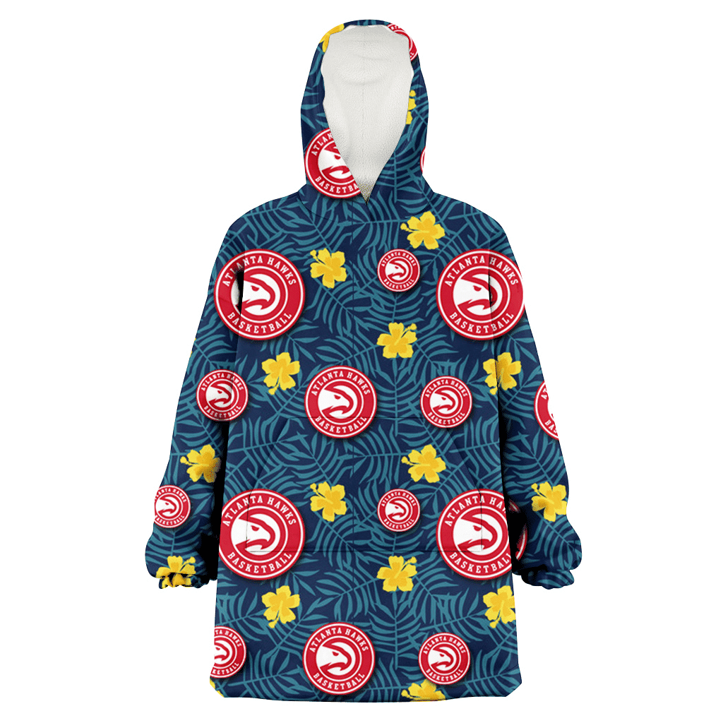 Atlanta Hawks Yellow Hibiscus Cadet Blue Leaf Navy Background 3D Printed Hoodie Blanket Snug Hoodie