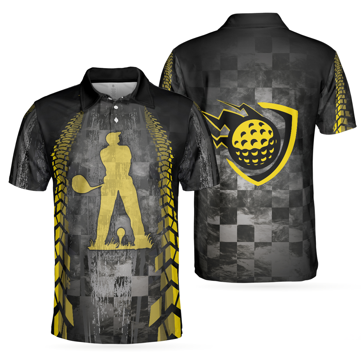 Golfer On Yellow Silhouette Polo Shirt Checker Pattern Racing Polo Shirt Best Golf Shirt For Men