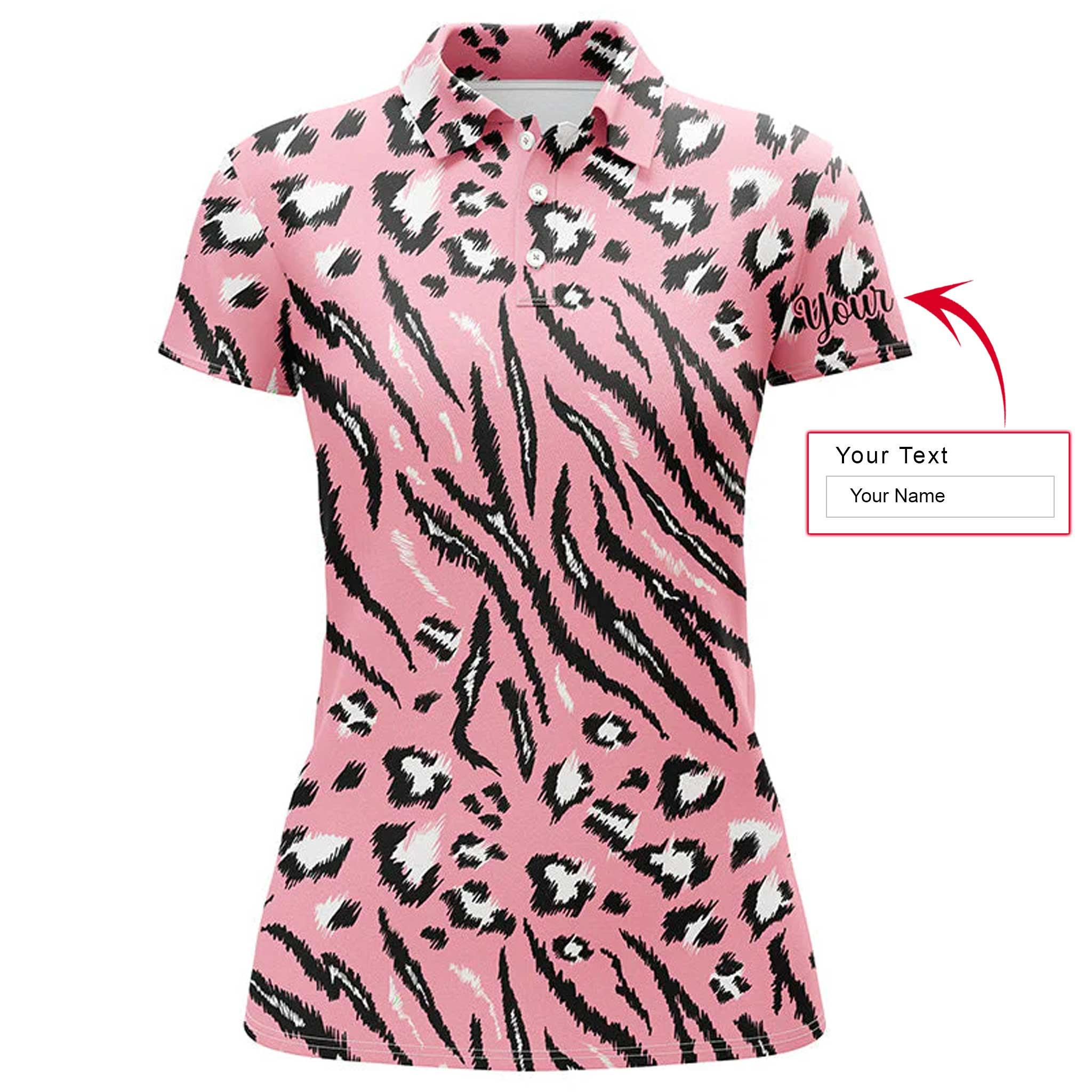 Leopard Pattern Custom Name Women Polo Shirt, Pink Tiger Leopard Texture Personalized Women Polo Shirts, Unique Golf Gift For Ladies, Sport Lovers Aurateestyle