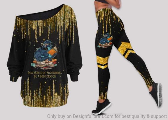 Gift For Book Lover In A World Of Bookworms Be A Book Dragon Off Shoulder Long Sleeves Top And Leggings Set Toughguides