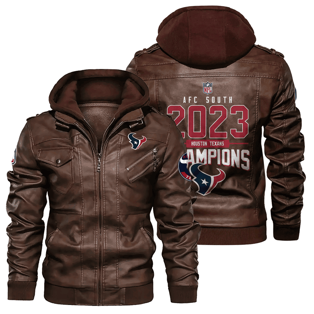 Houston Texans AFC South 2023 Division Champions Team Logo Zip Brown Leather Jacket With Hood