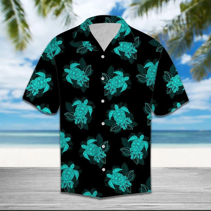 Turtle Hawaiian Shirt For Men, Women, Turtle Dark Turquoise And Black Hawaiian Shirt