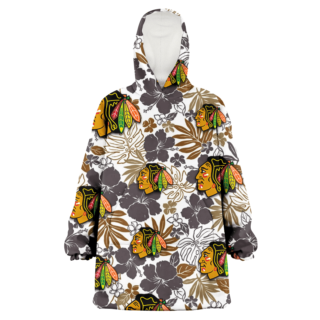 Chicago Blackhawks Dark Brown Hibiscus Brown Leaves White Background 3D Printed Hoodie Blanket Snug Hoodie