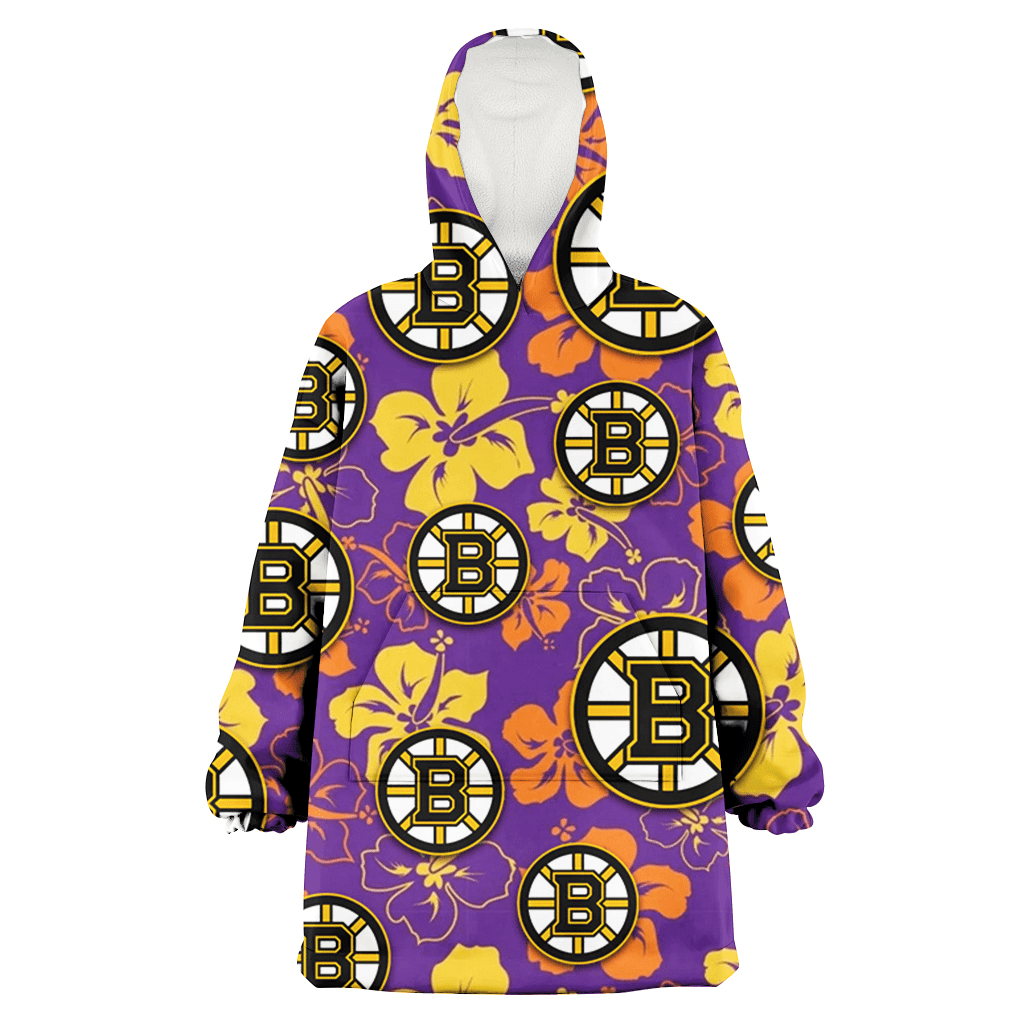 Boston Bruins Yellow And Orange Hibiscus Purple Background 3D Printed Hoodie Blanket Snug Hoodie