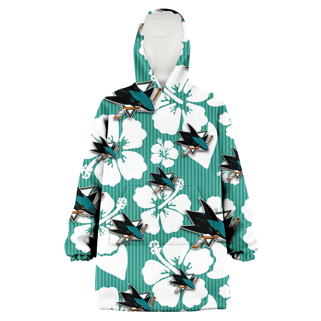 San Jose Sharks White Hibiscus Turquoise Stripe Background 3D Printed Hoodie Blanket Snug Hoodie