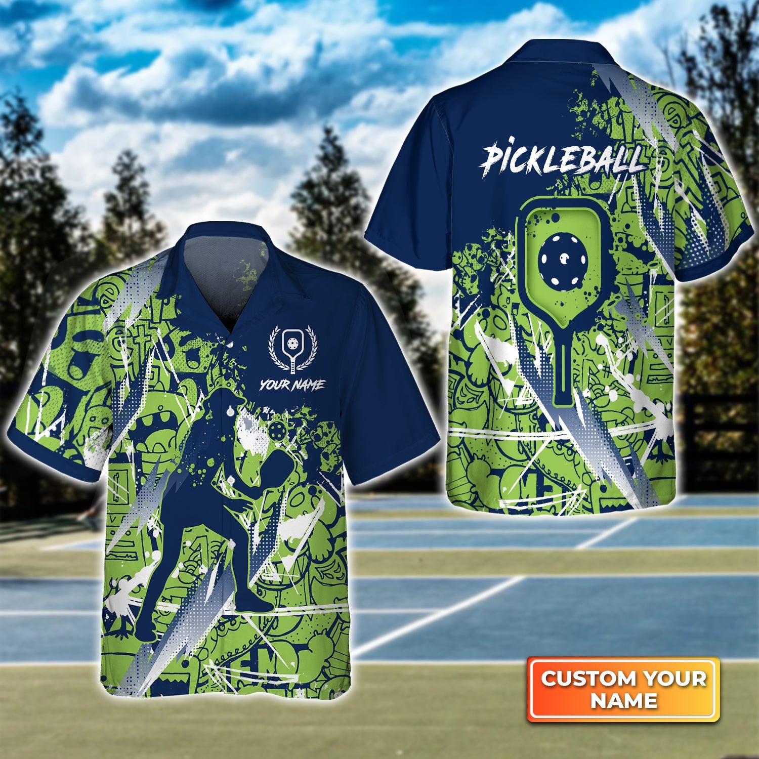 Pickleball – Scritch Woman Green Blue Pattern Personalized Name 3D Hawaiian Shirt Gift For Pickleball Player