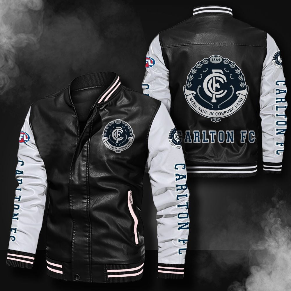 Carlton Football Club Leather Varsity Jacket Bomber Coat