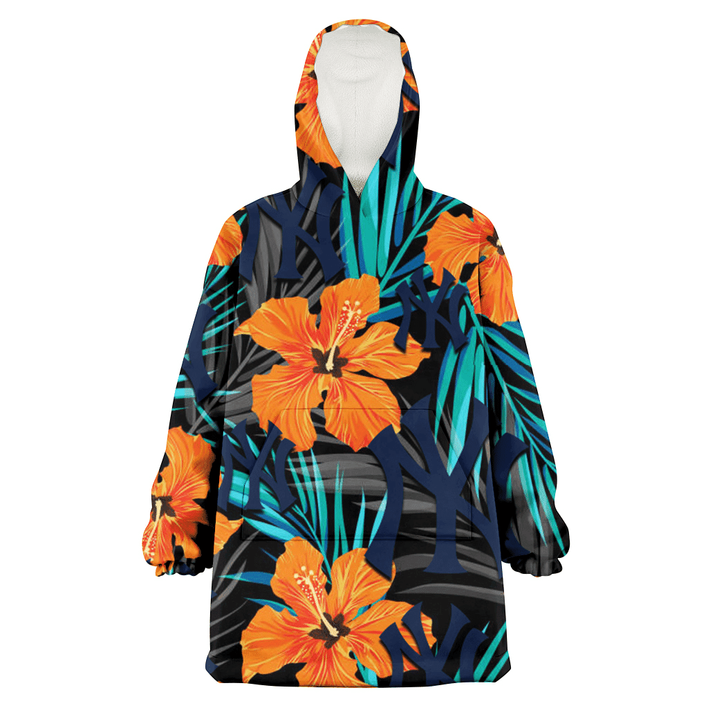 New York Yankees Orange Hibiscus Blue Gray Leaf Black Background 3D Printed Hoodie Blanket Snug Hoodie