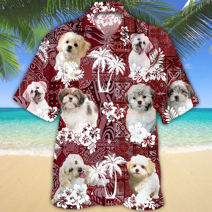 Malshi Hawaiian Shirt, Red Tribal Pattern Hawaiian Shirt For Dog Lovers