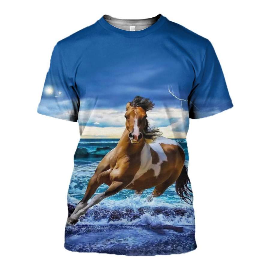 3D Blue Sea and Horse Printed Hoodie &hellip;