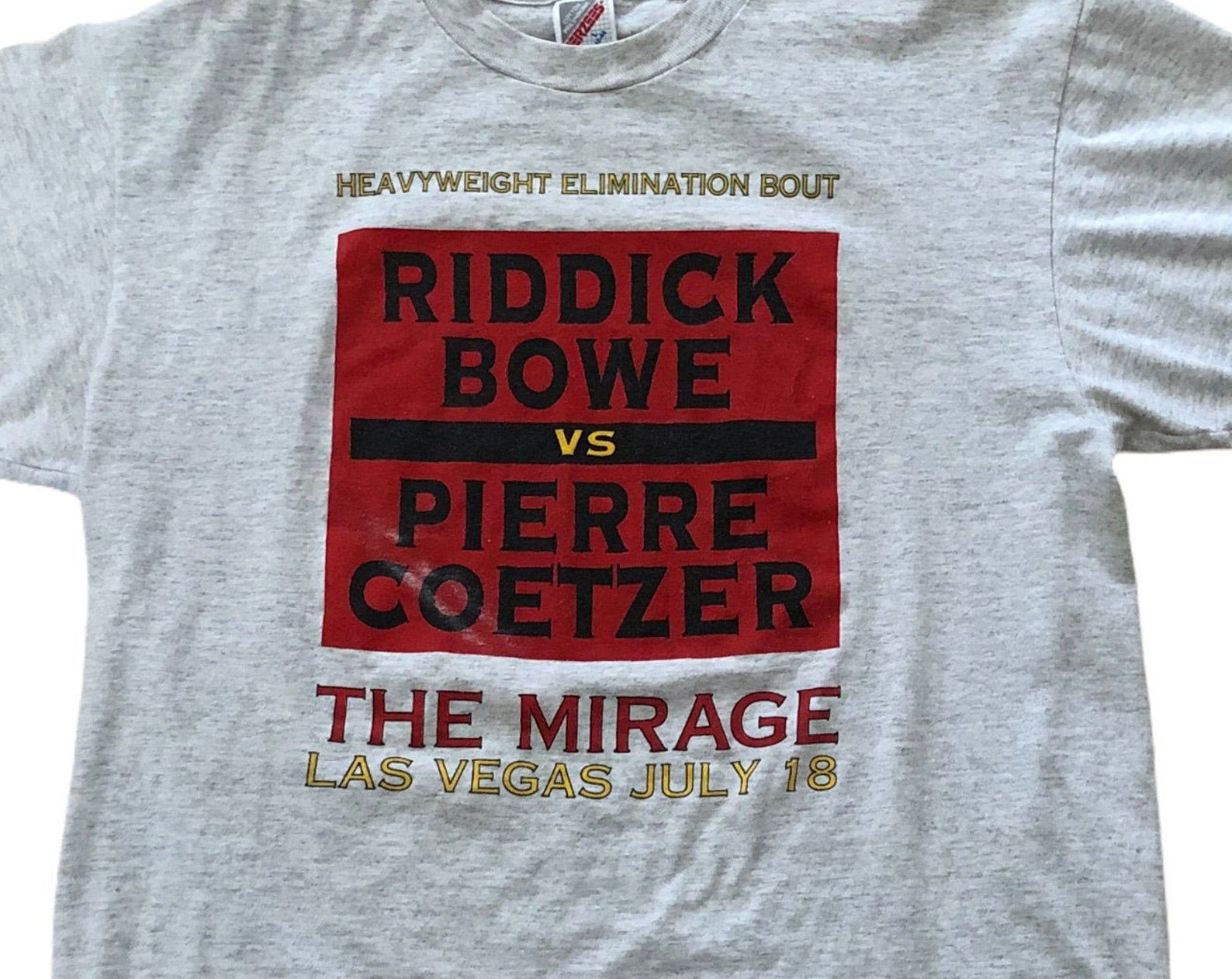 Riddick Bowe Vintage 1992 Heavyweight Boxing Champion Versus Pierre Coetzer Mirage Las Vegas Graphic 90S Made Usa Single Stitch Gray T-Shirt