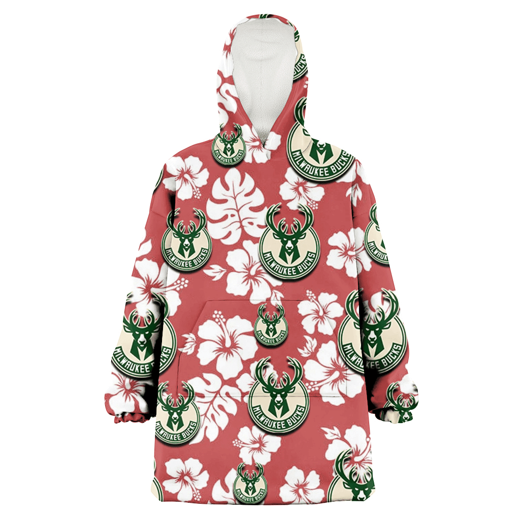 Milwaukee Bucks White Hibiscus Indian Red Background 3D Printed Hoodie Blanket Snug Hoodie