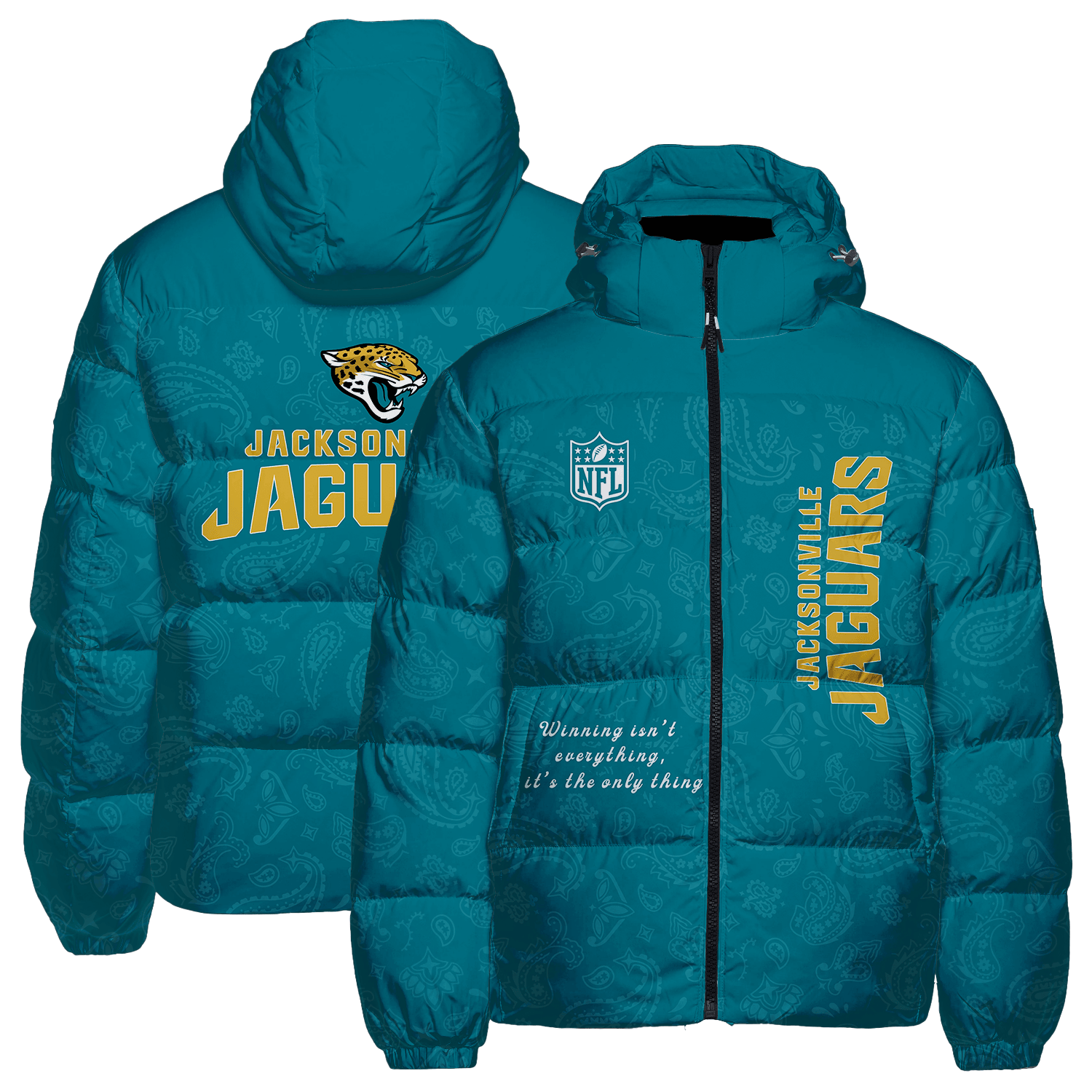 Jacksonville Jaguars NFL Team Logo Wordmark Paisley Pattern Puffer Jacket