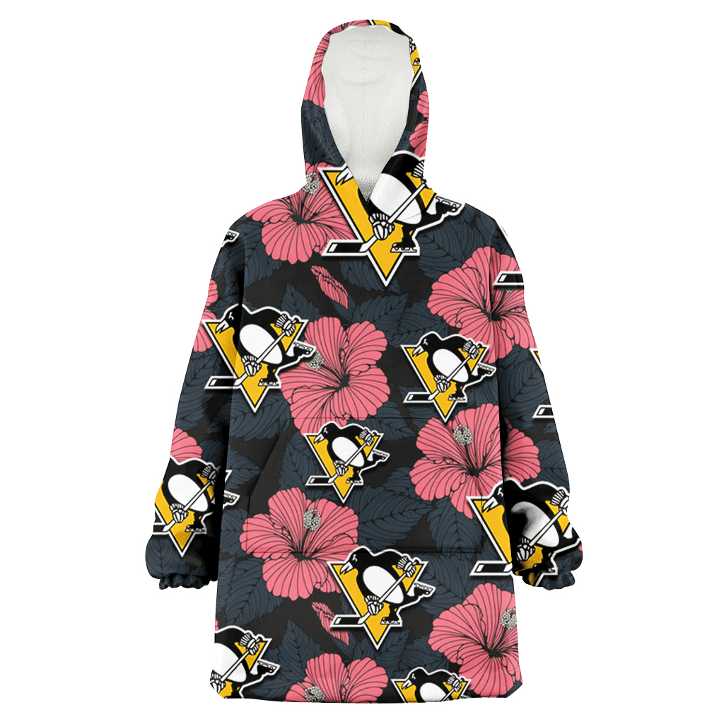 Pittsburgh Penguins Light Coral Hibiscus Gray Leaf Black Background 3D Printed Hoodie Blanket Snug Hoodie