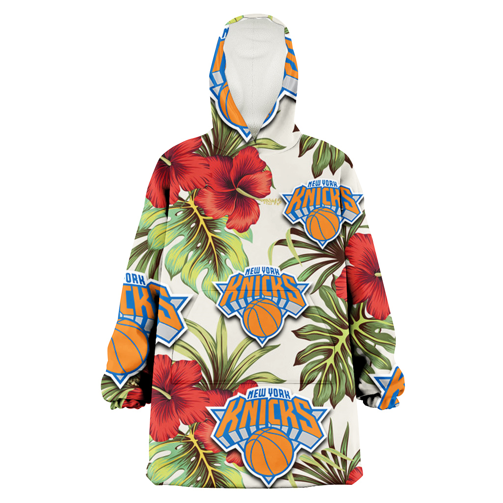 New York Knicks Red Hibiscus Green Tropical Leaf Cream Background 3D Printed Hoodie Blanket Snug Hoodie