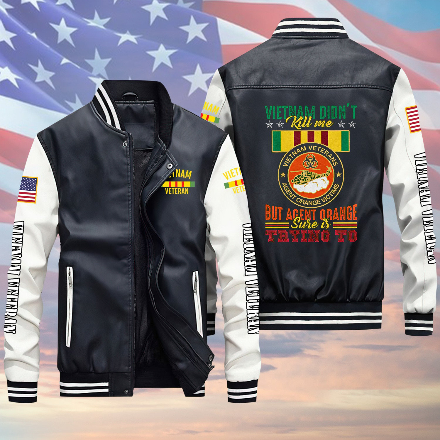 Vietnam Didn’t Kill Me Vietnam Veteran Black Winter Gear Leather Bomber Leterman Varsity Jacket