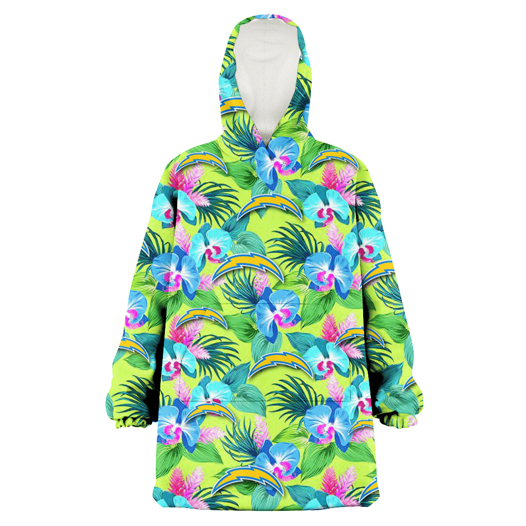 Los Angeles Chargers Blue Orchid Green Pink Leaf Green Background 3D Printed Hoodie Blanket Snug Hoodie