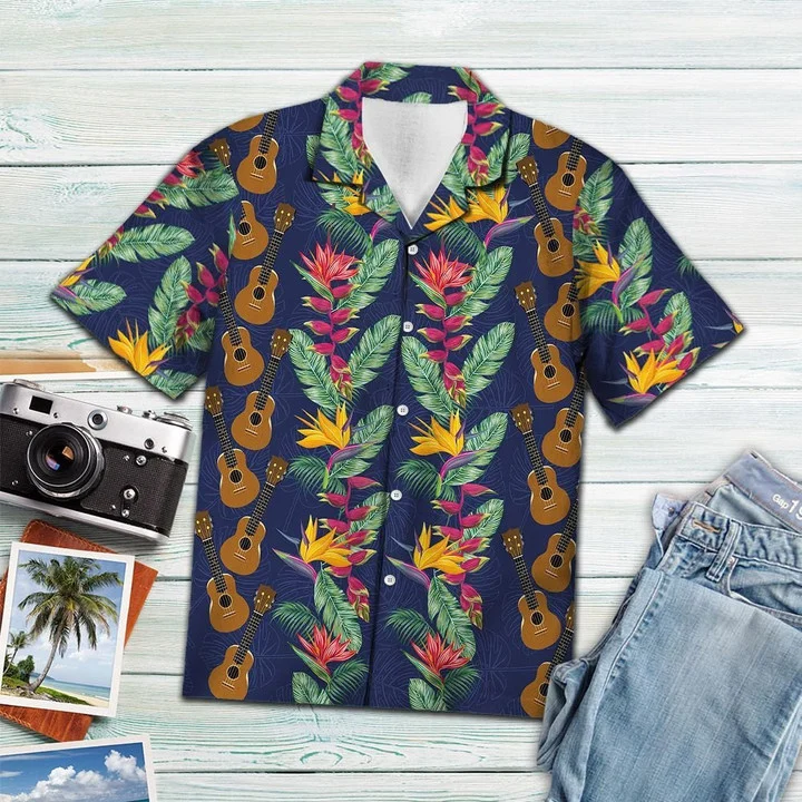 Golden Ukulele With Paradise Flowers And Leaves Hawaiian Shirt