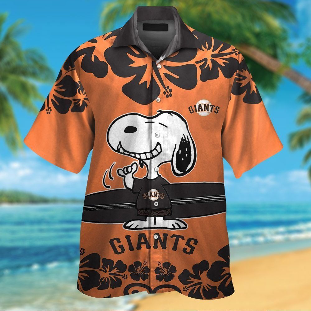 San Francisco Giants Snoopy Short Sleeve Button Up Tropical Hawaiian Shirt